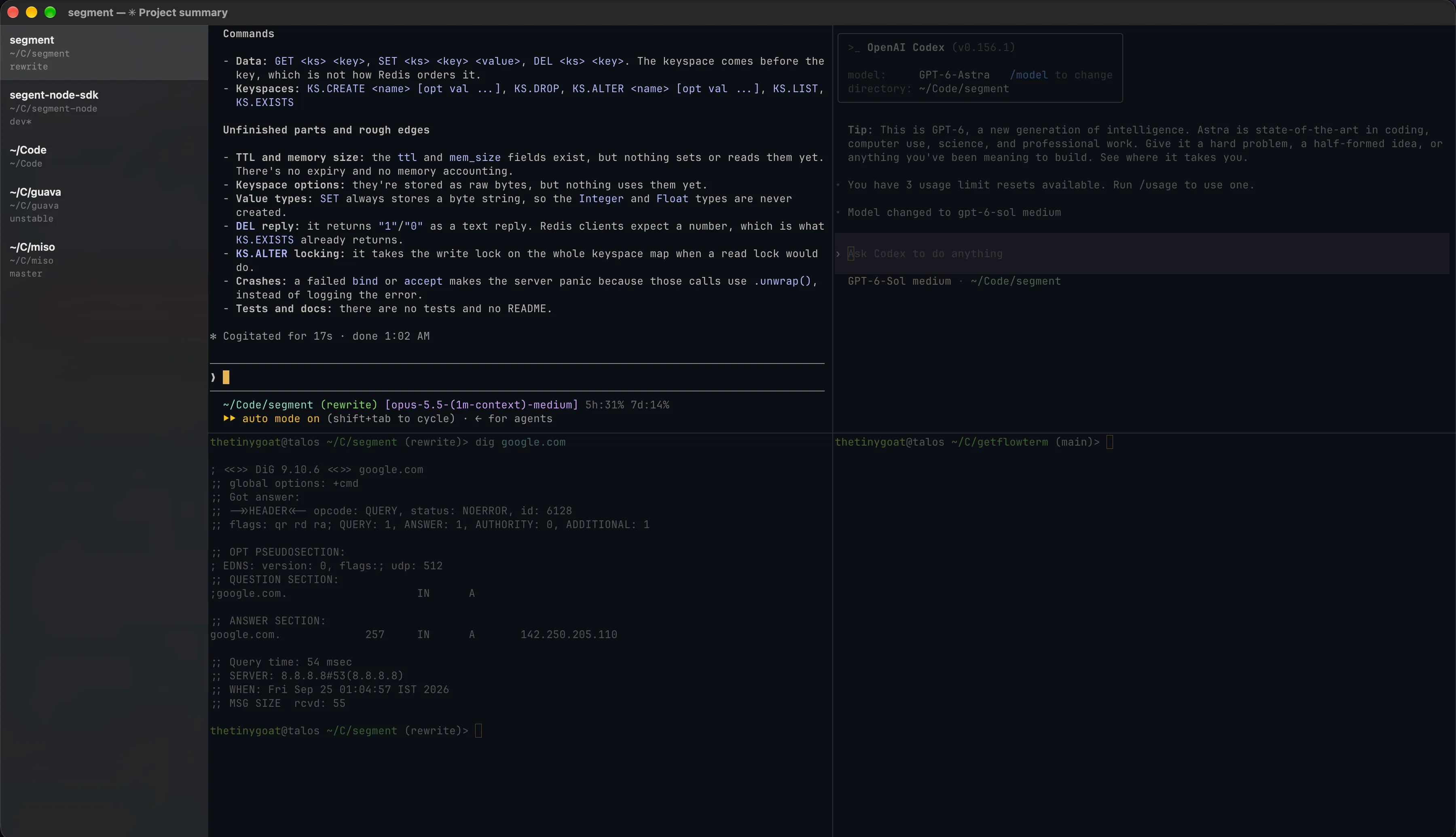 The Flow window with five workspaces in the sidebar, each showing its folder and git branch, and a tab split into four panes: Claude Code, OpenAI Codex, and two shells.